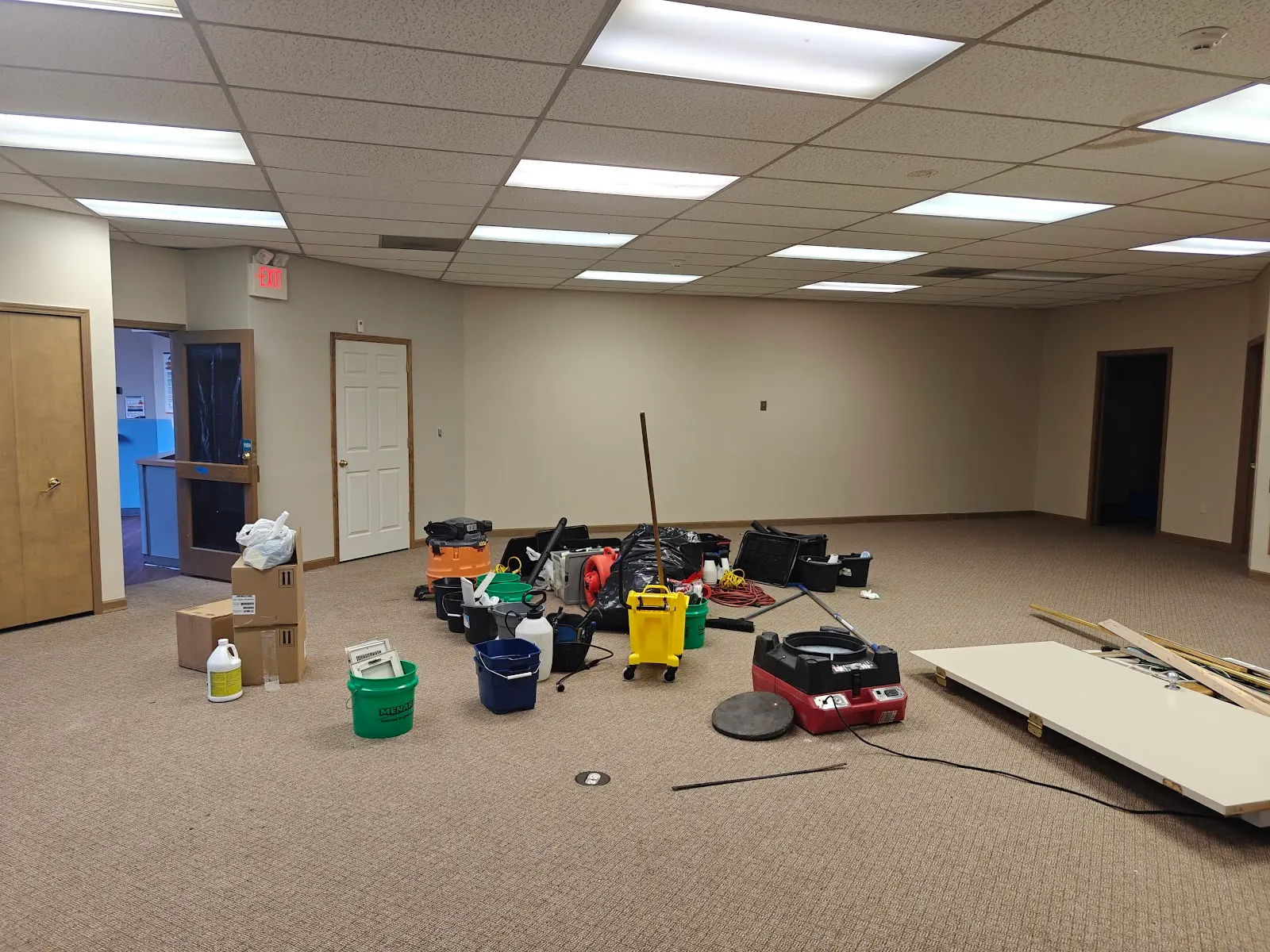 Drying equipment staged during a commercial water damage restoration job